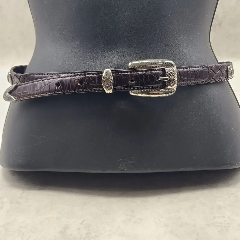Vtg Brighton Croc Embossed Belt Brown Silver Buckle